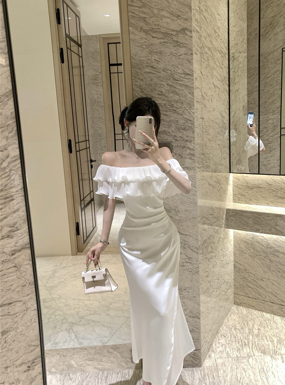 Flat shoulder pinched waist dress mermaid long dress