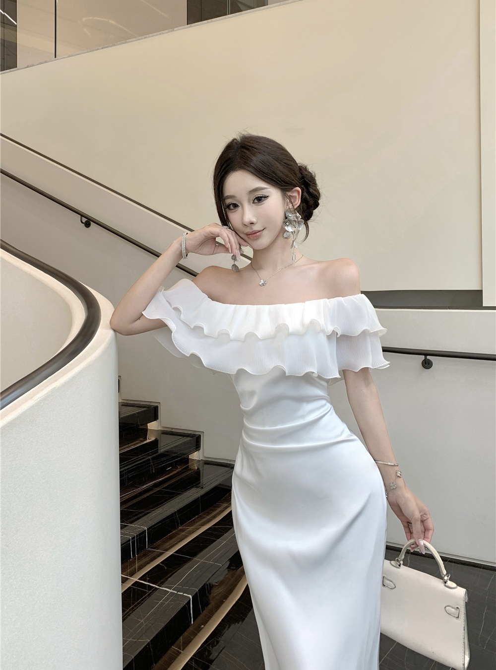 Flat shoulder pinched waist dress mermaid long dress