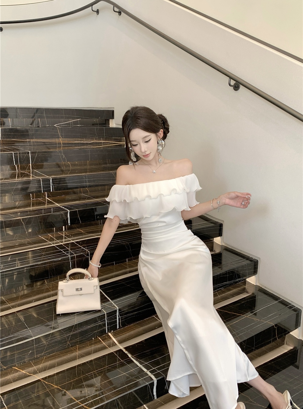 Flat shoulder pinched waist dress mermaid long dress