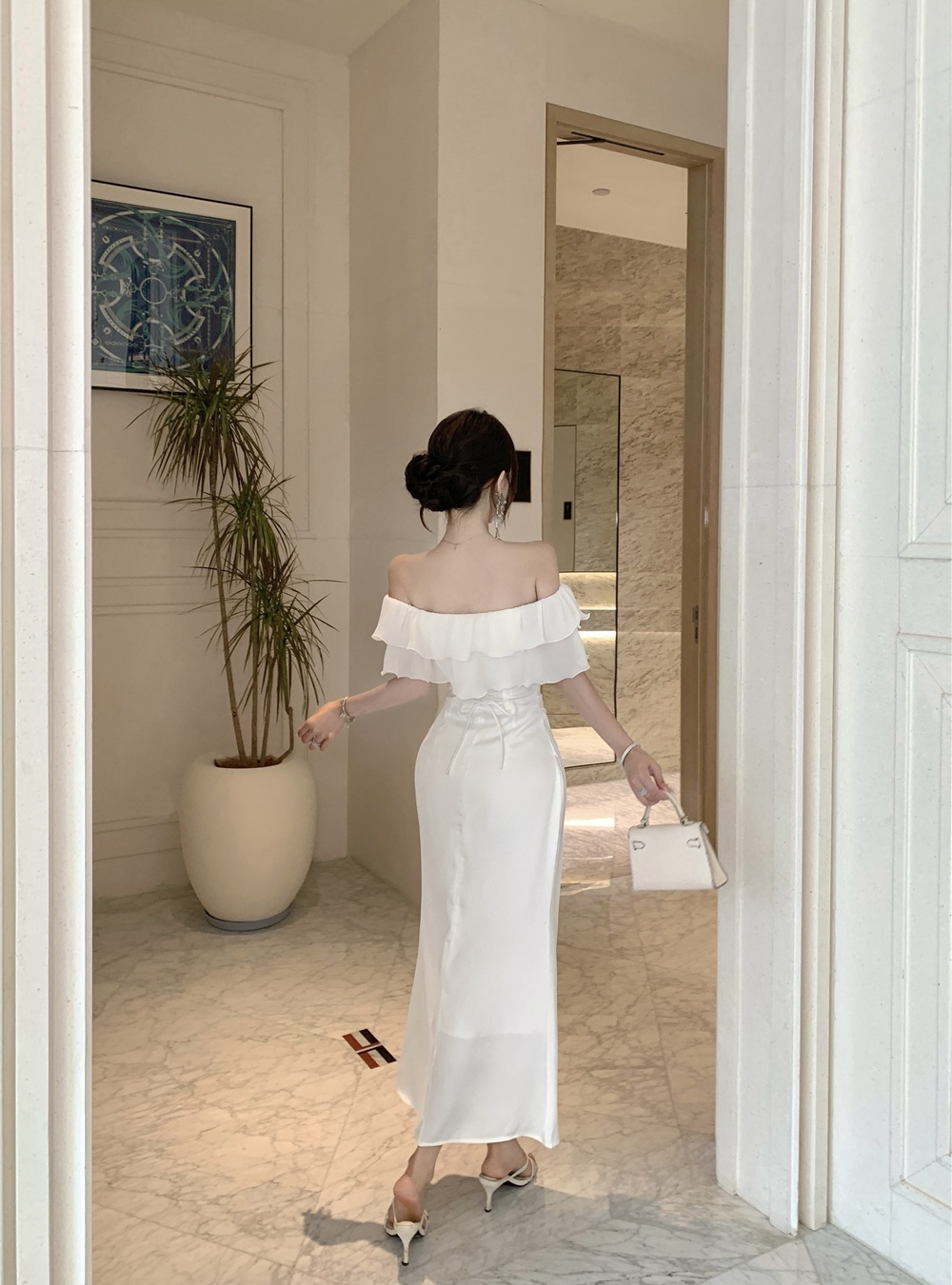 Flat shoulder pinched waist dress mermaid long dress