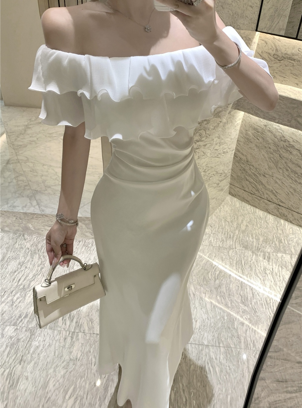 Flat shoulder pinched waist dress mermaid long dress