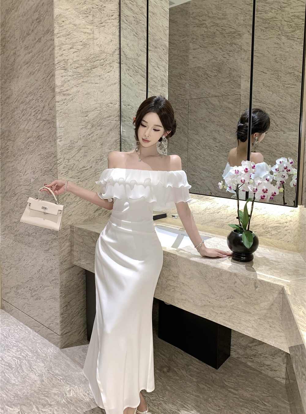Flat shoulder pinched waist dress mermaid long dress