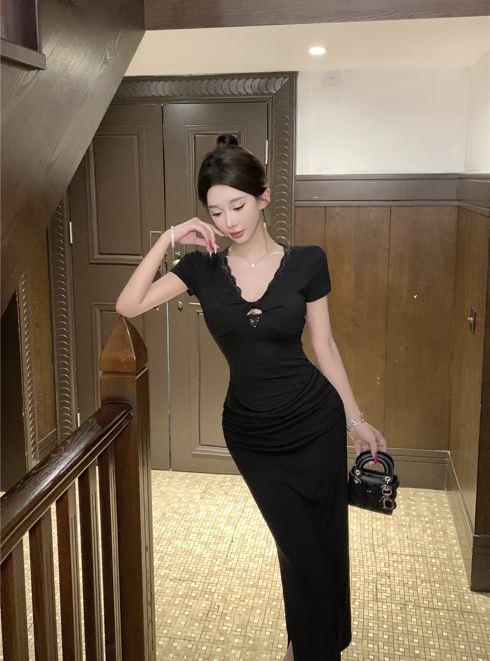 Lace package hip long dress spicegirl black dress for women