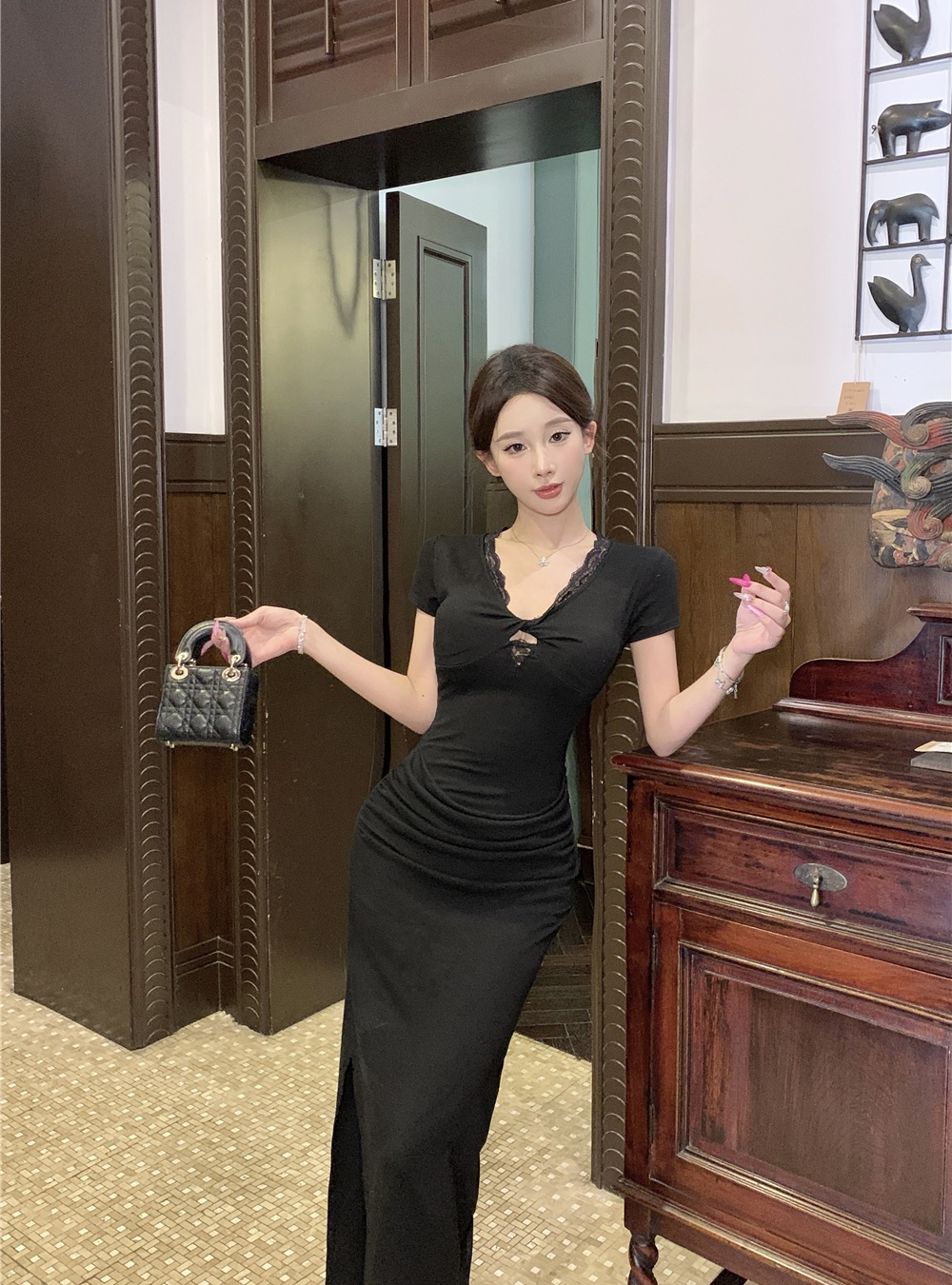 Lace package hip long dress spicegirl black dress for women