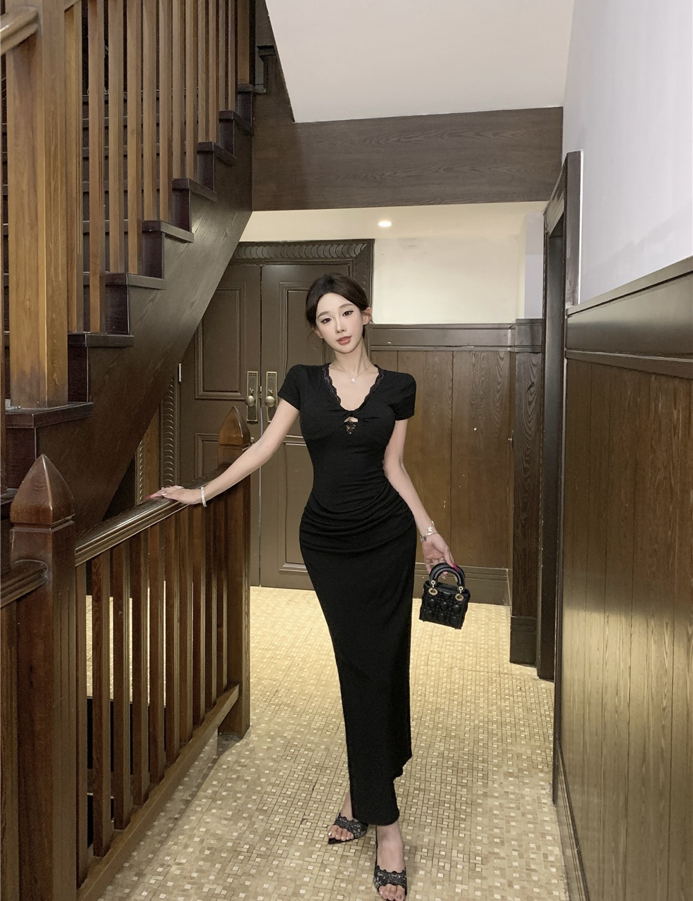 Lace package hip long dress spicegirl black dress for women