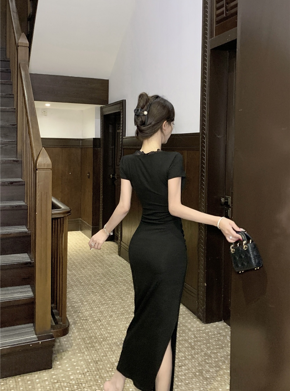 Lace package hip long dress spicegirl black dress for women