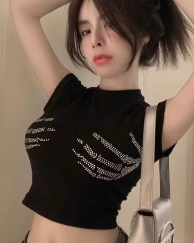 Rhinestone American style tops summer T-shirt for women