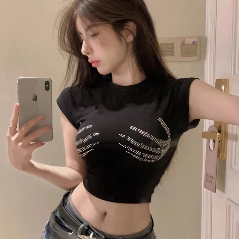 Rhinestone American style tops summer T-shirt for women