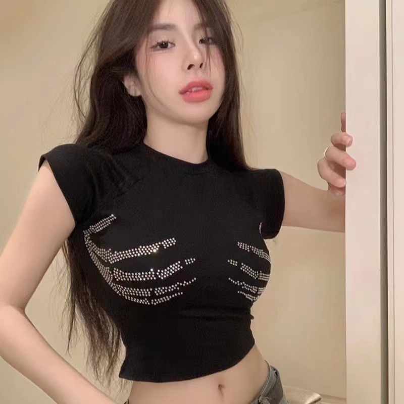 Rhinestone American style tops summer T-shirt for women