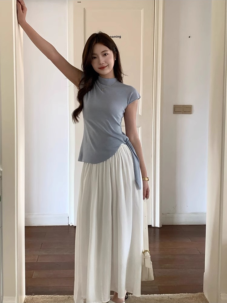 Split ice silk tops summer T-shirt for women