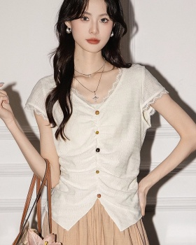 Slim sweet V-neck sweater lace splice tops for women