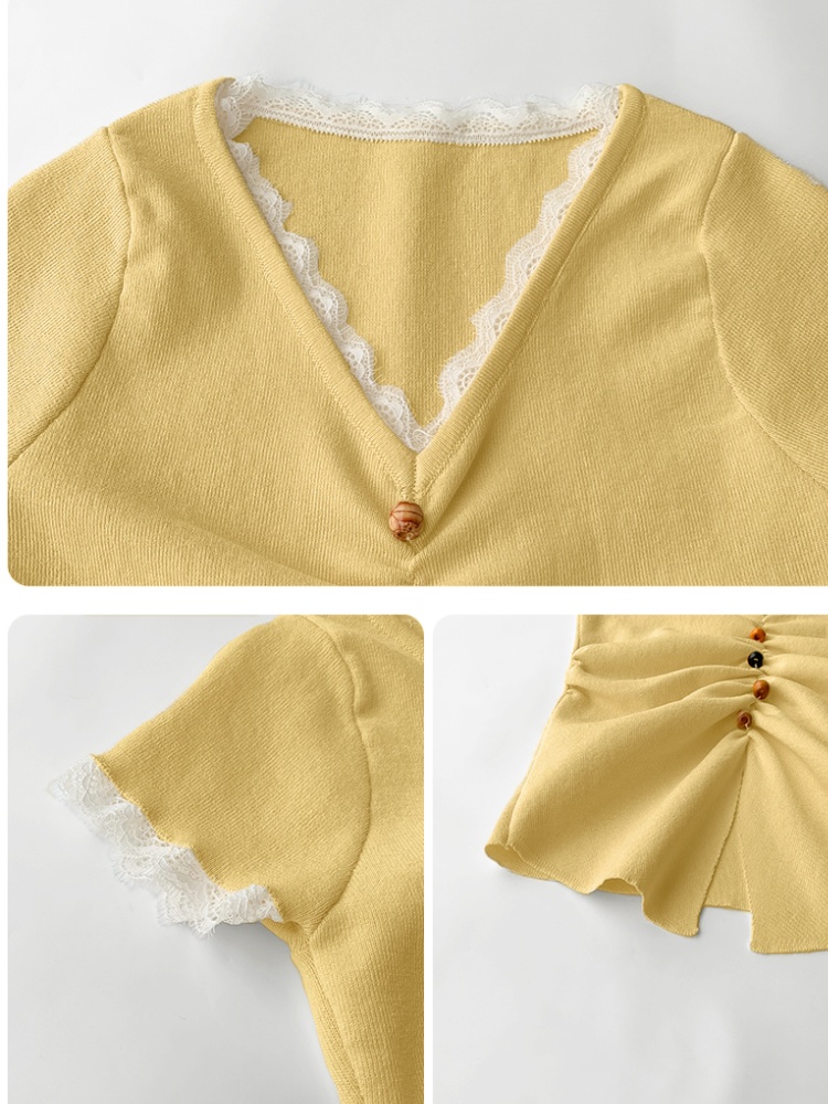 Slim sweet V-neck sweater lace splice tops for women