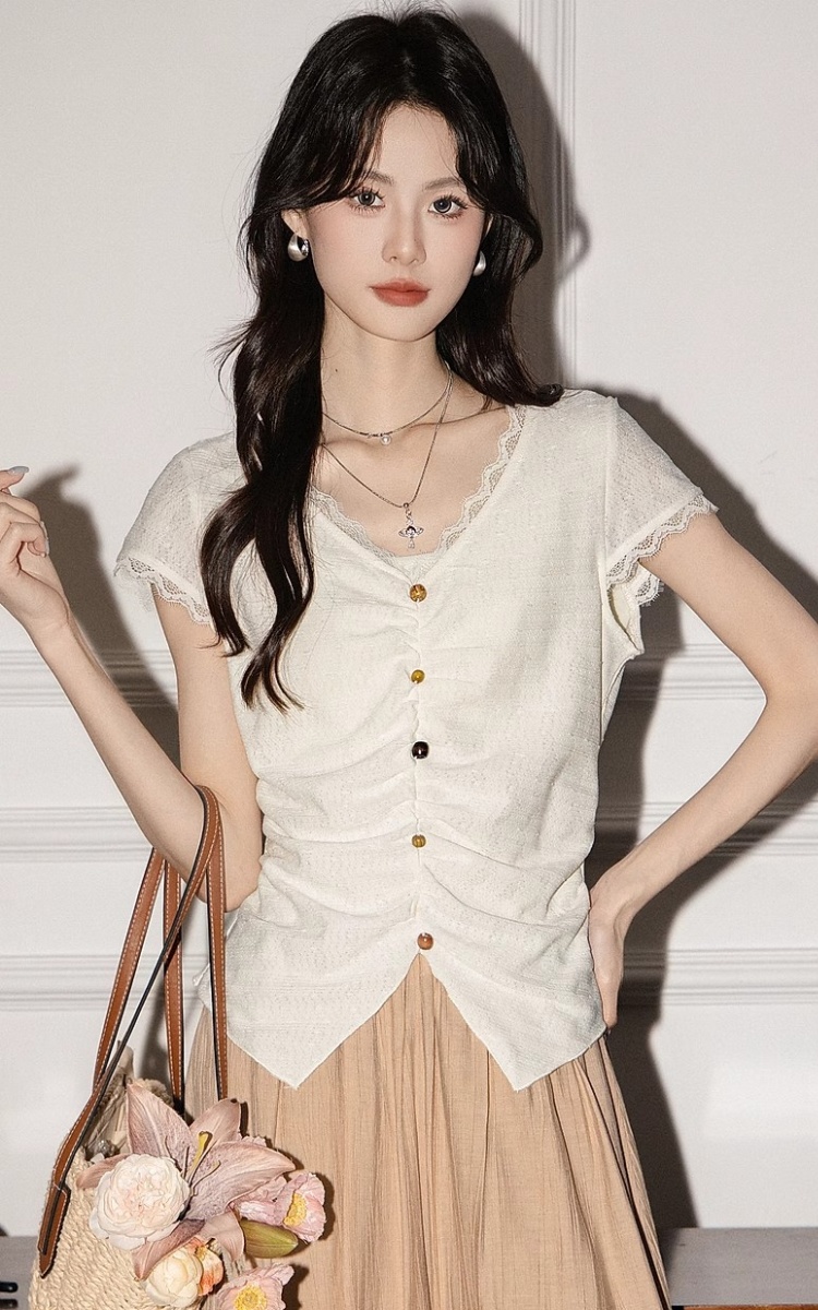 Slim sweet V-neck sweater lace splice tops for women