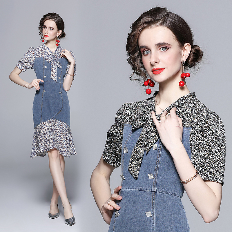 V-neck summer slim floral mermaid pinched waist dress