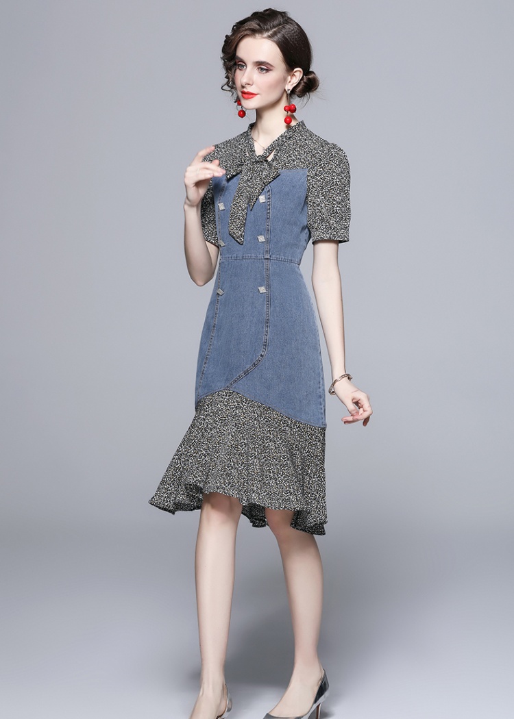 V-neck summer slim floral mermaid pinched waist dress