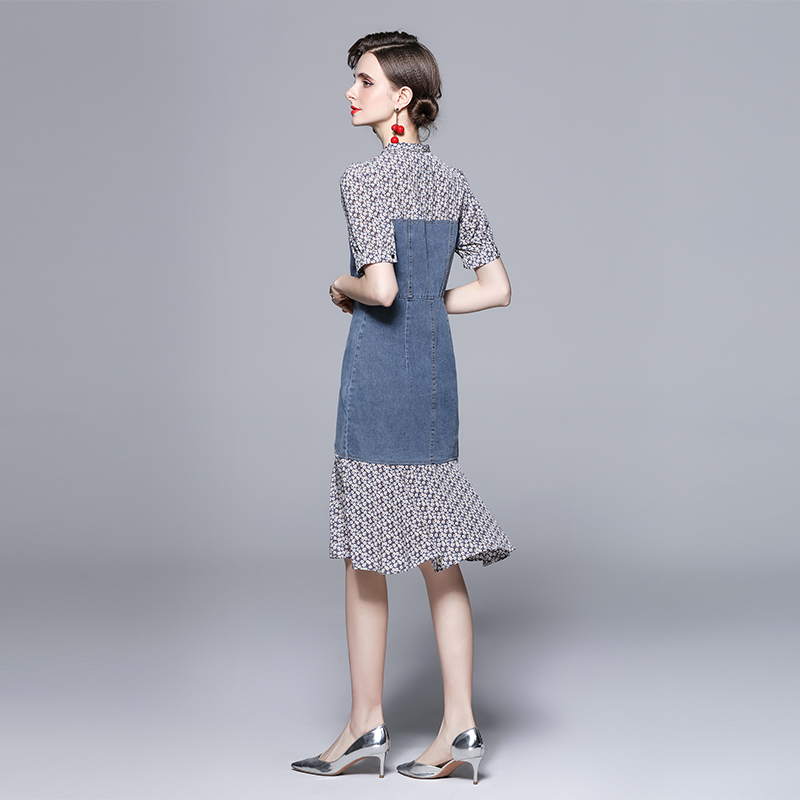 V-neck summer slim floral mermaid pinched waist dress