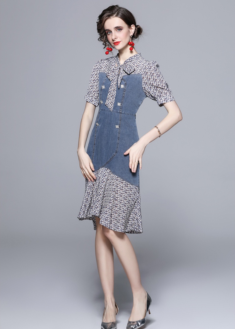 V-neck summer slim floral mermaid pinched waist dress