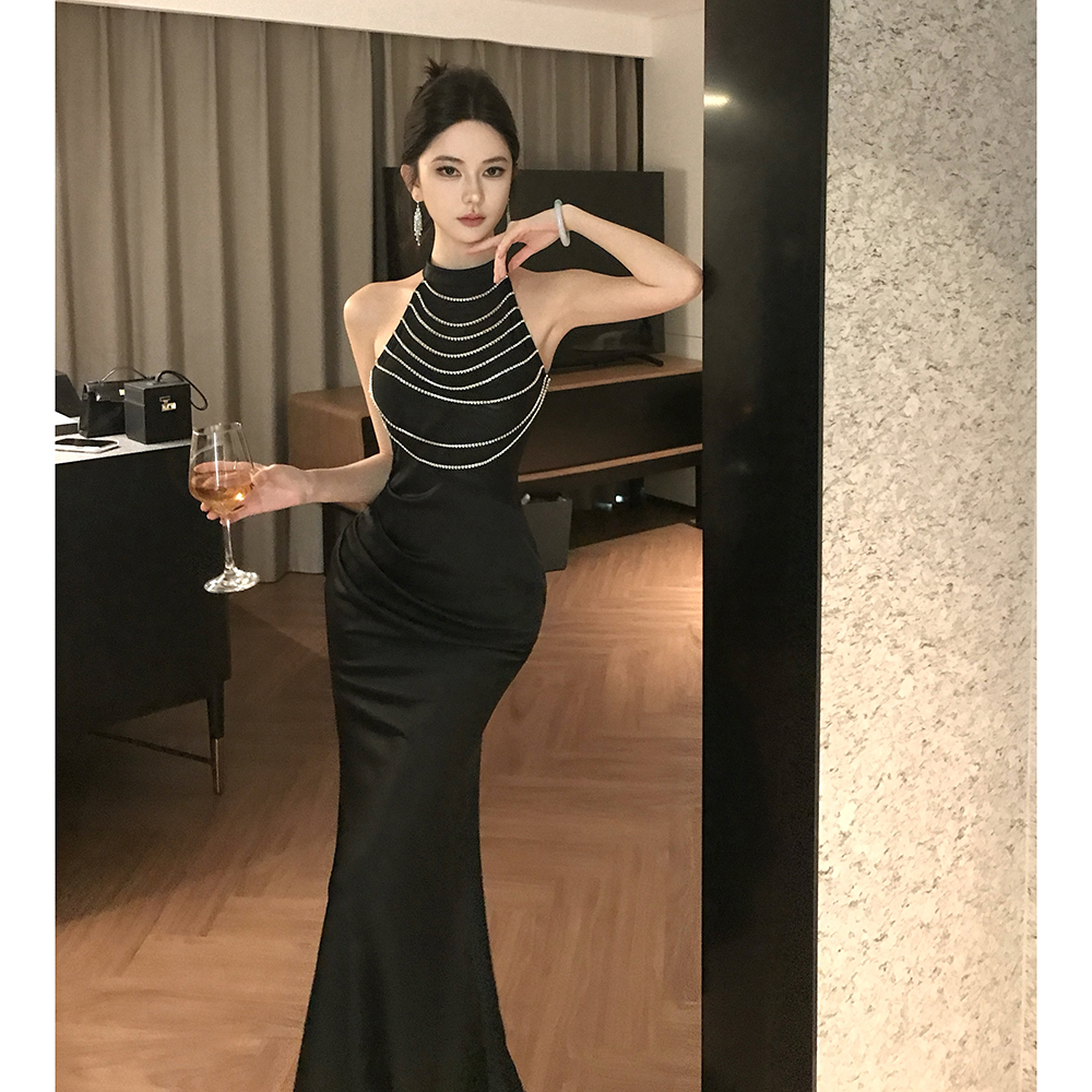 Temperament ladies long formal dress light luxury pearl dress