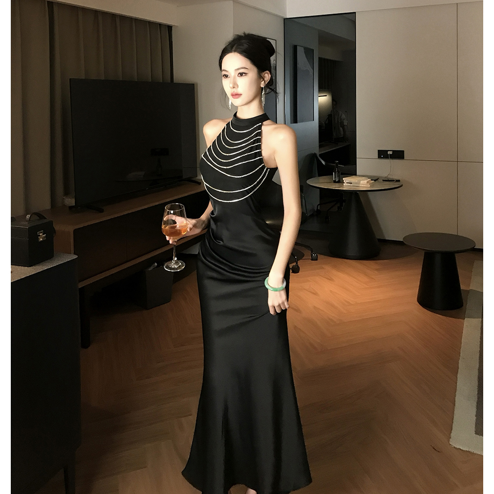 Temperament ladies long formal dress light luxury pearl dress