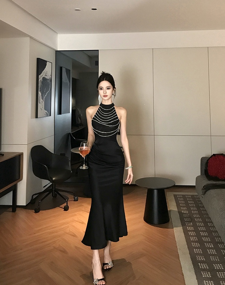 Temperament ladies long formal dress light luxury pearl dress