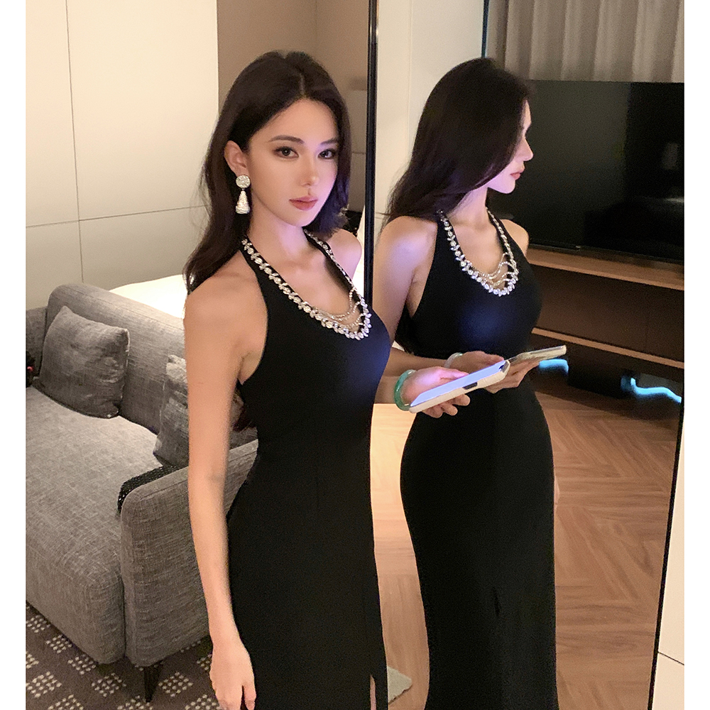 Slim long halter rhinestone light luxury dress for women