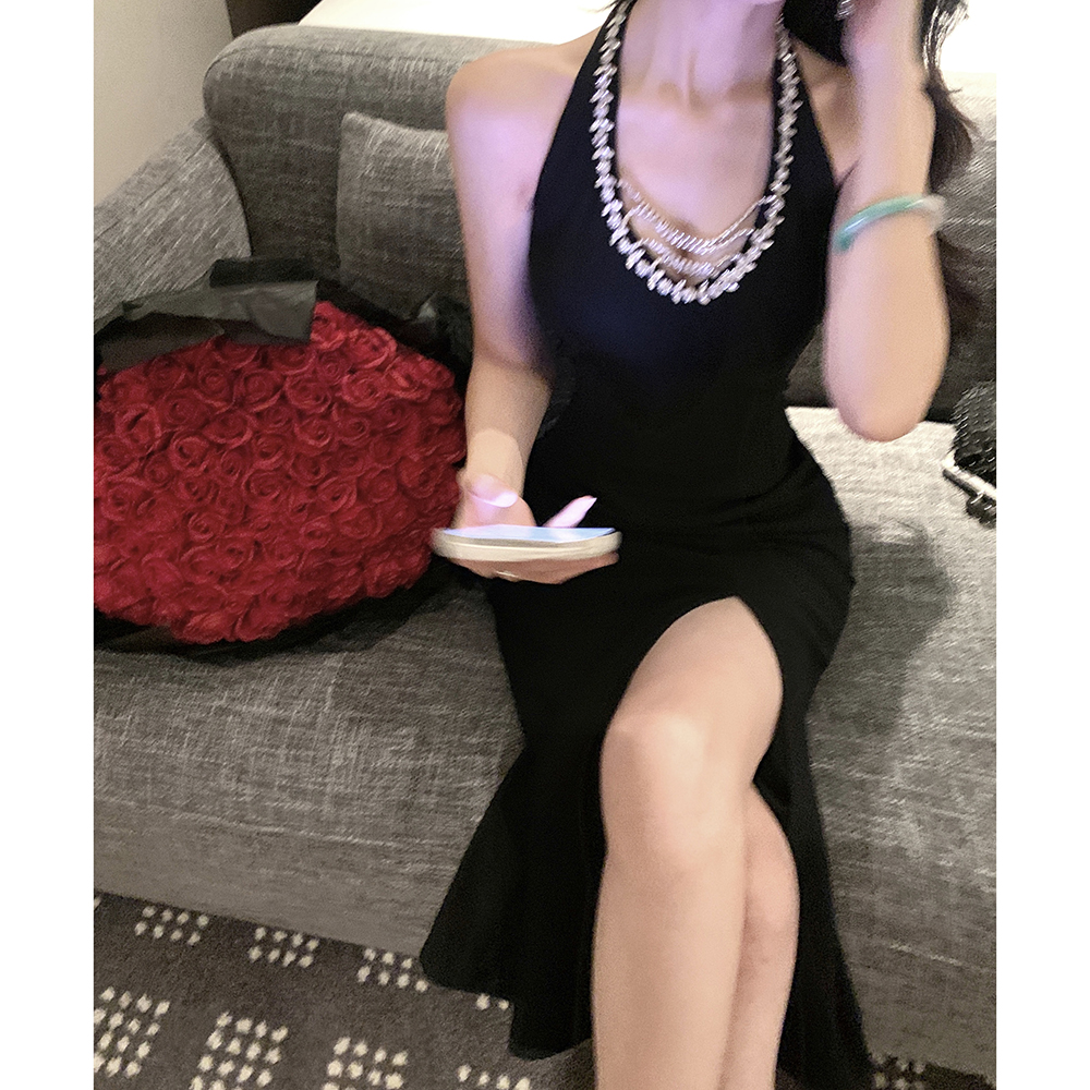 Slim long halter rhinestone light luxury dress for women