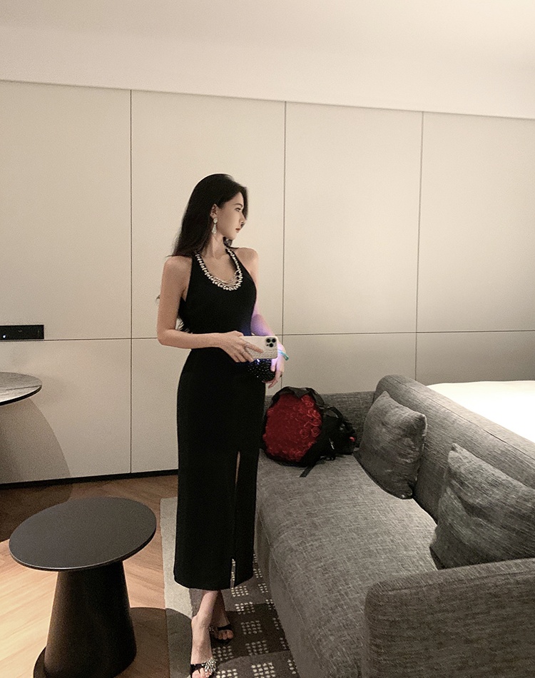 Slim long halter rhinestone light luxury dress for women