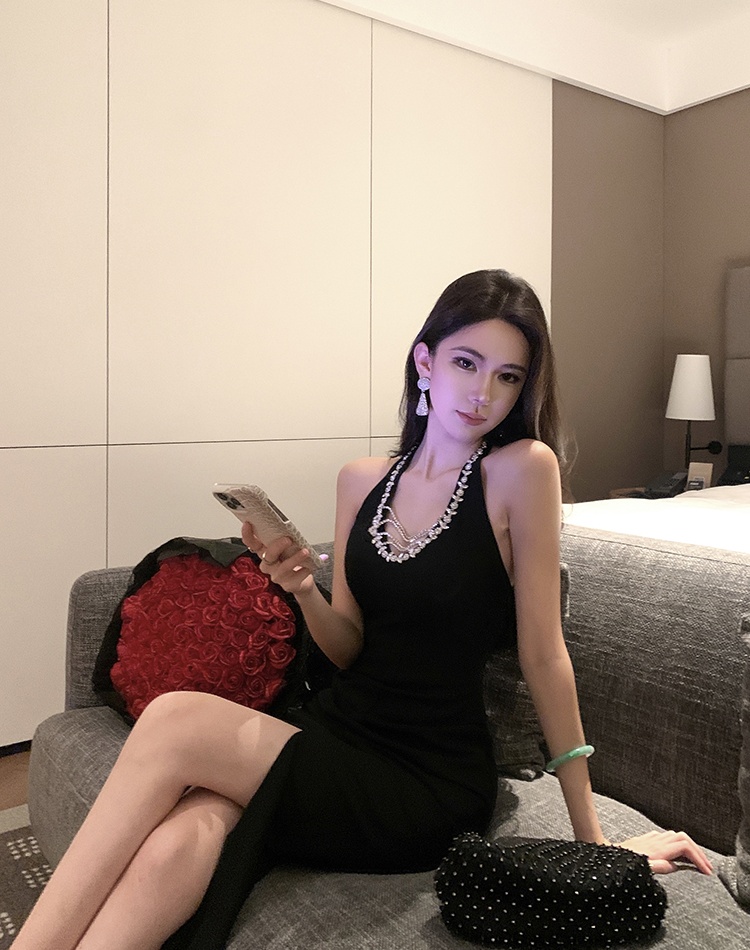 Slim long halter rhinestone light luxury dress for women