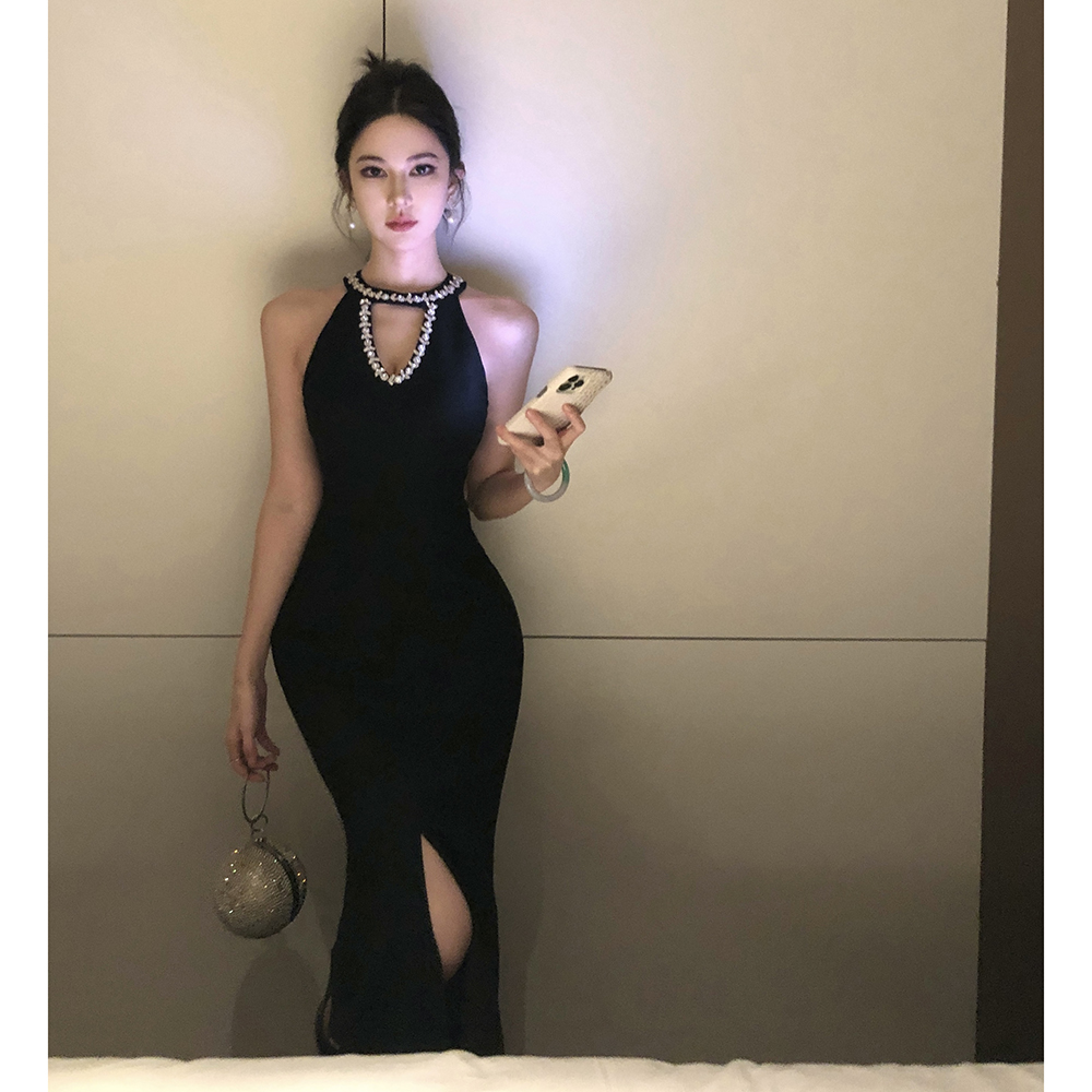 Long halter light luxury dress slim hollow formal dress