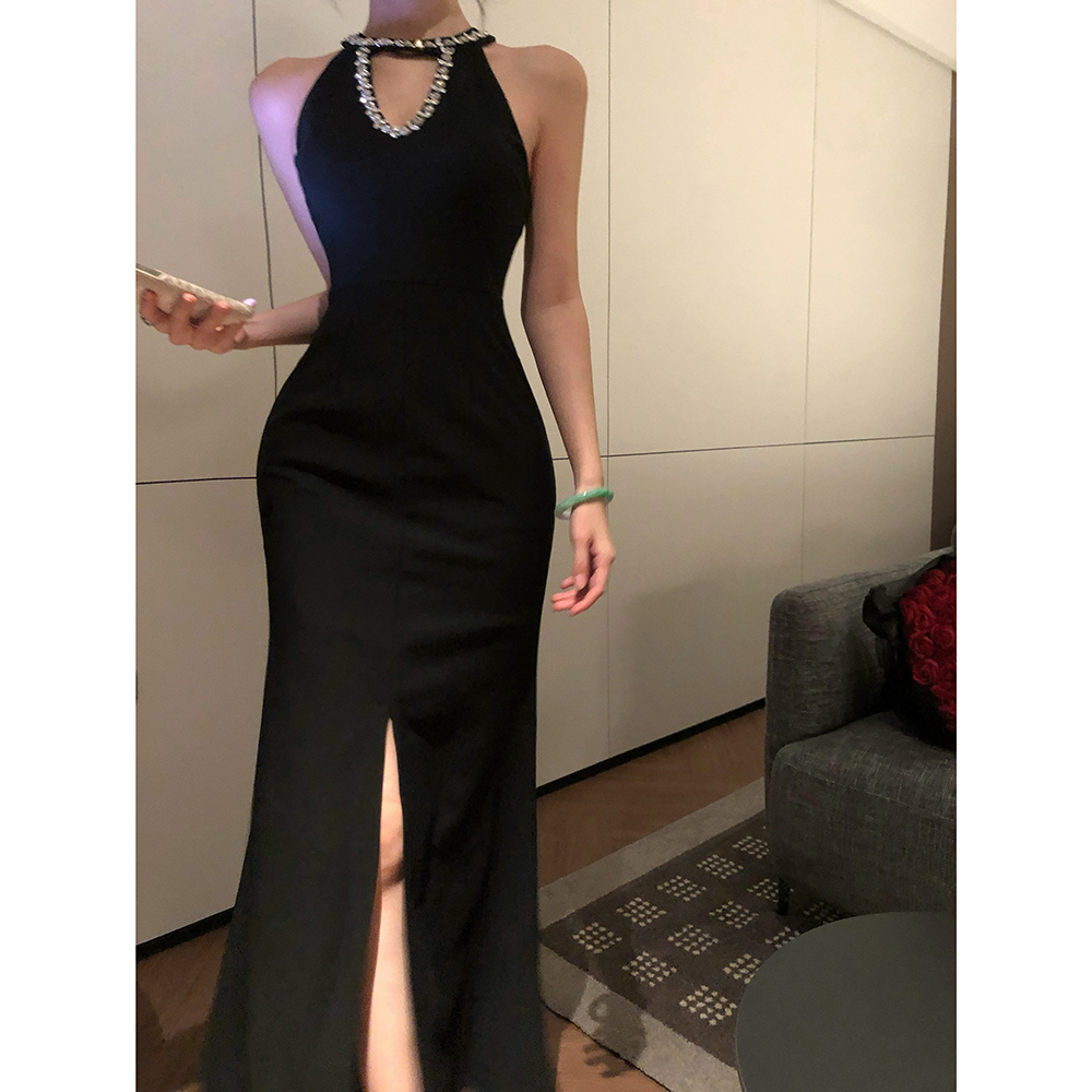 Long halter light luxury dress slim hollow formal dress