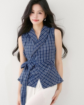 V-neck blue tops France style bandage vest for women