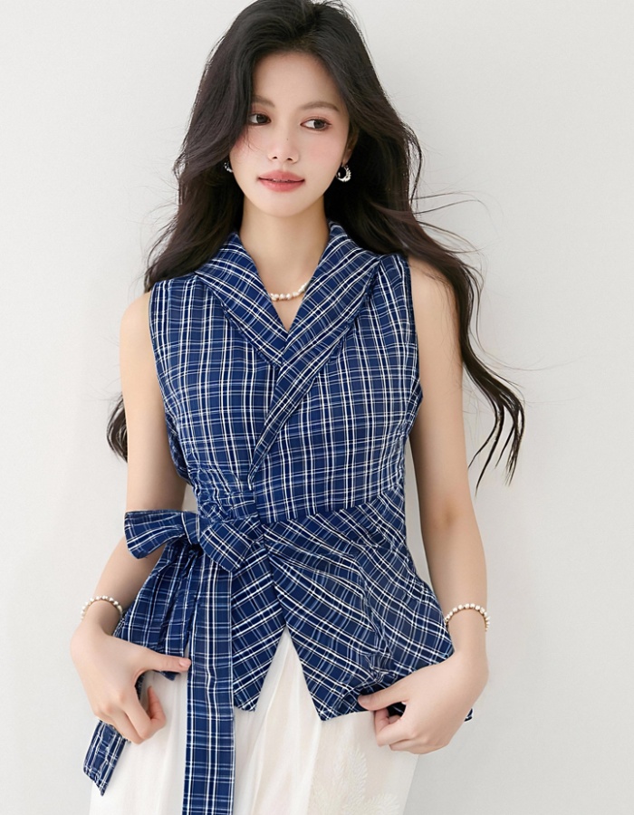 V-neck blue tops France style bandage vest for women