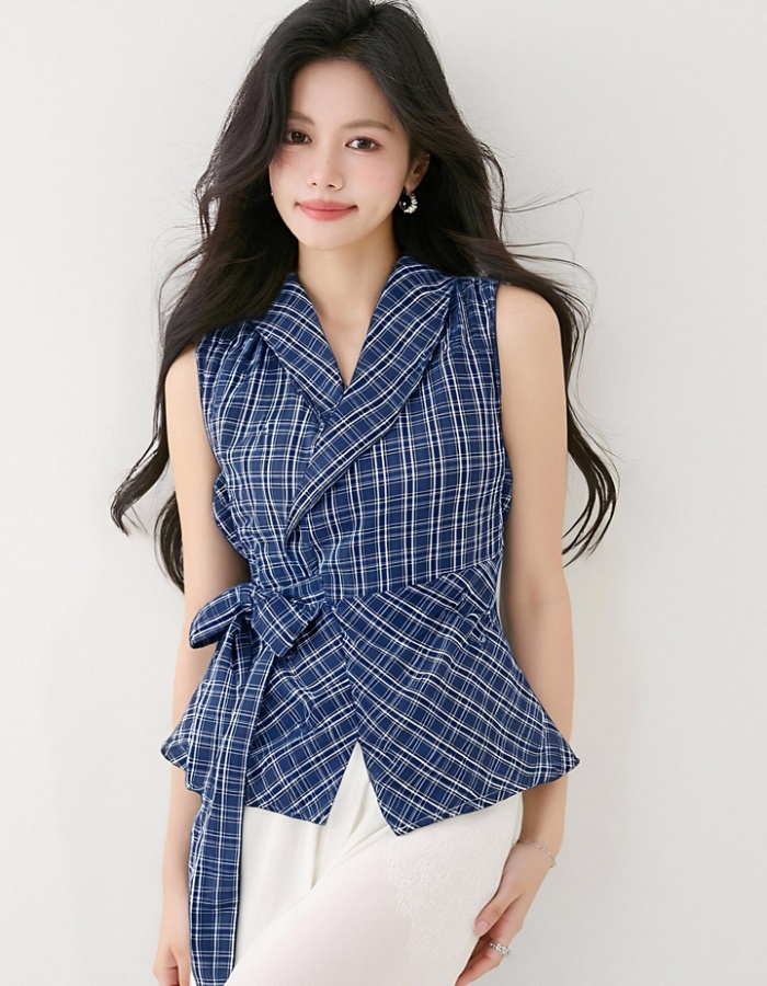 V-neck blue tops France style bandage vest for women