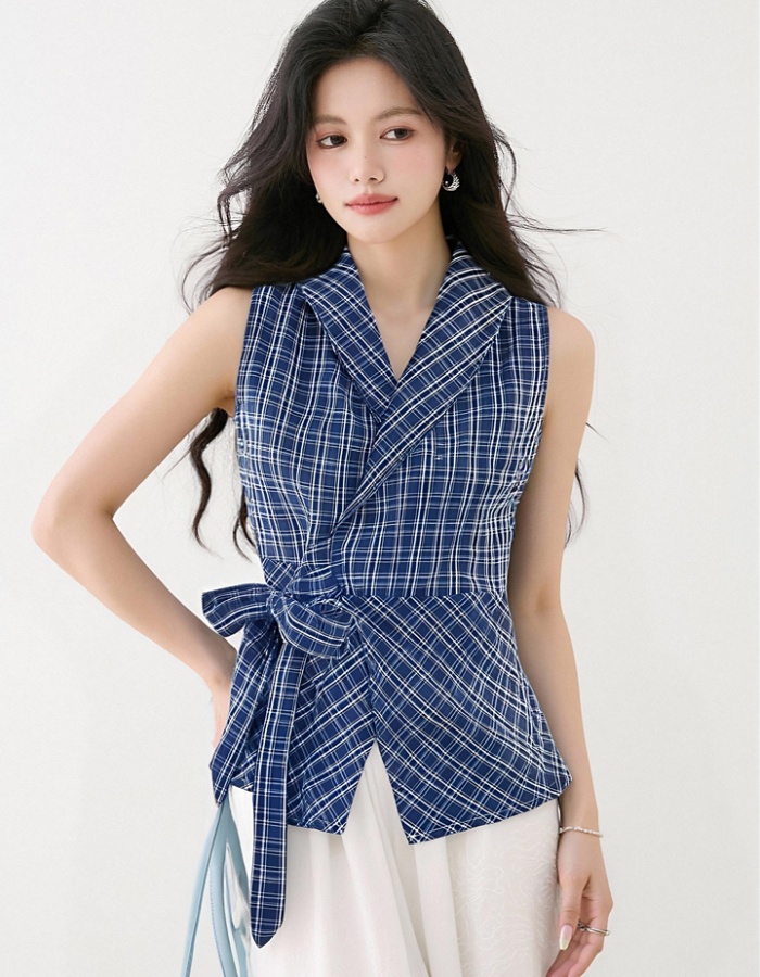 V-neck blue tops France style bandage vest for women