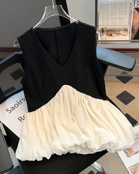 Bud mixed colors vest splice black tops for women