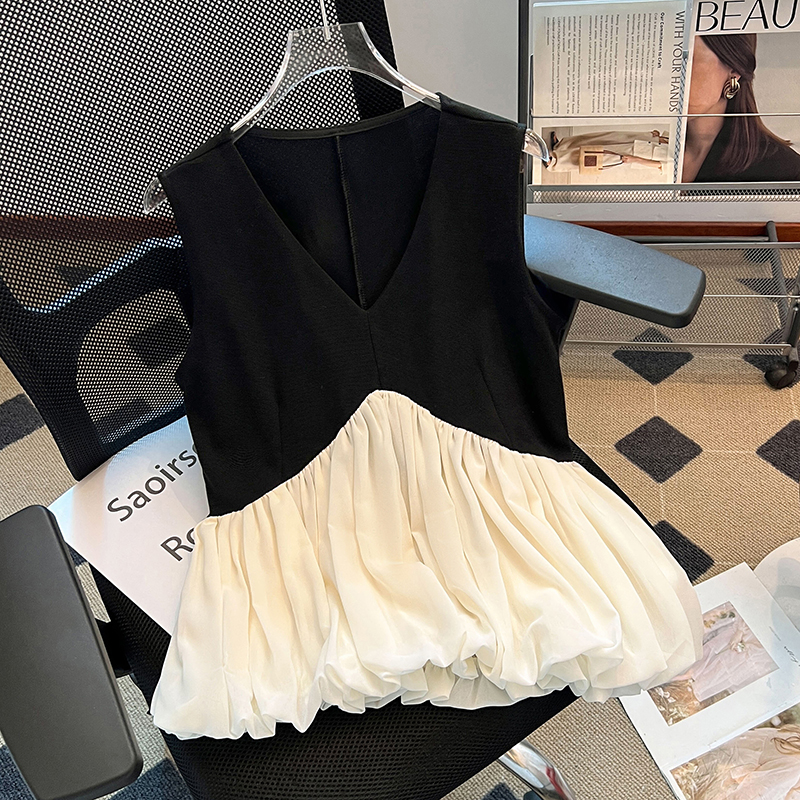 Bud mixed colors vest splice black tops for women