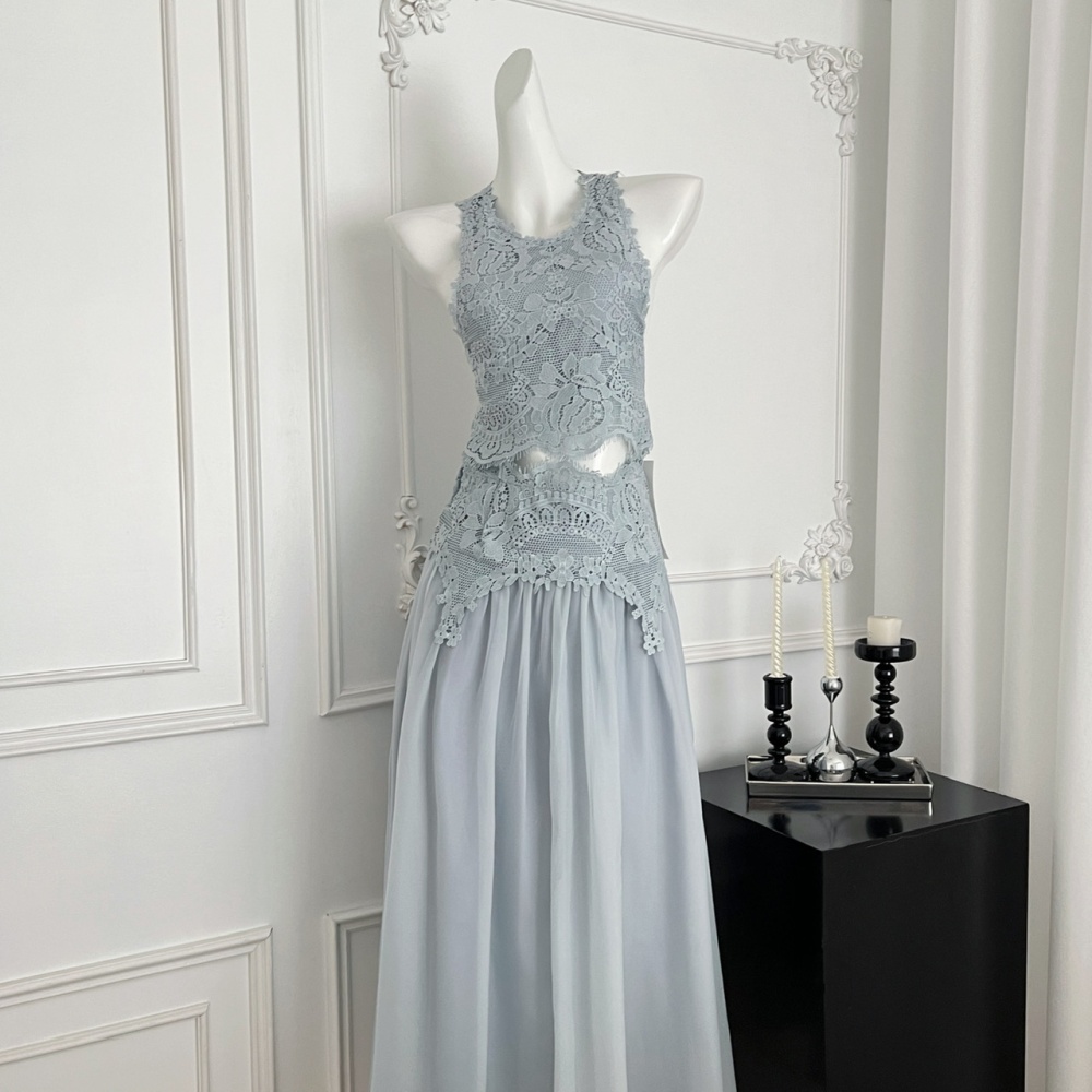 Elegant refinement long skirt sweet lace tops a set