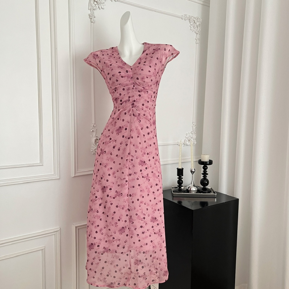 Summer temperament long dress France style polka dot dress