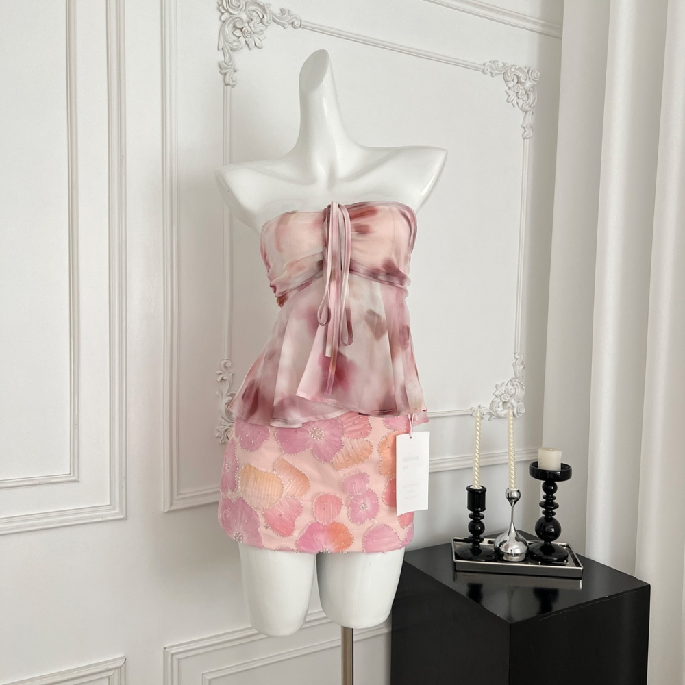 Beads summer short skirt halter tops a set for women