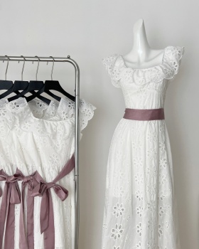 Cotton embroidered lotus leaf edges square collar dress