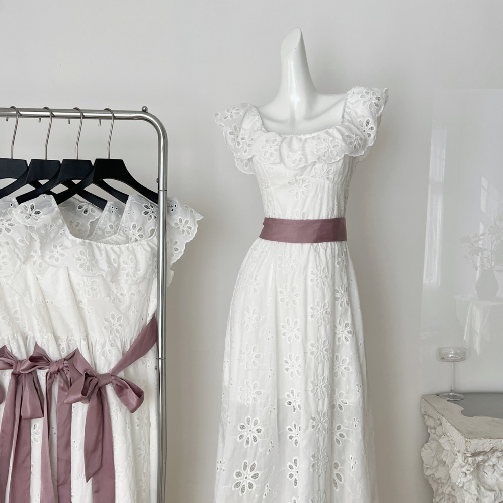 Cotton embroidered lotus leaf edges square collar dress