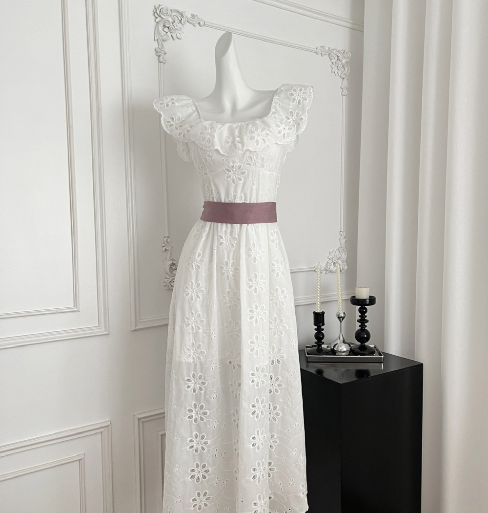 Cotton embroidered lotus leaf edges square collar dress
