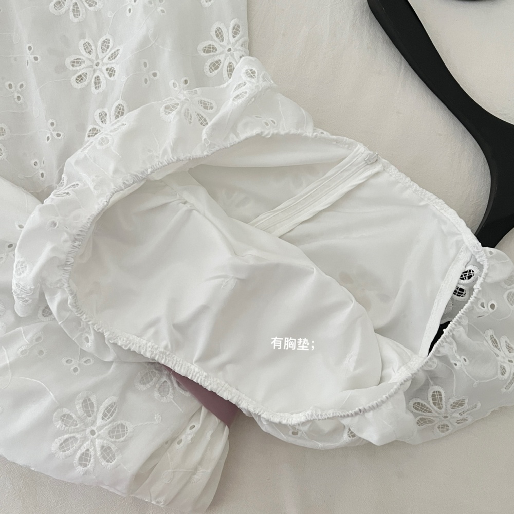 Cotton embroidered lotus leaf edges square collar dress