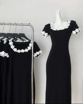 U-neck France style stereoscopic package hip flowers dress