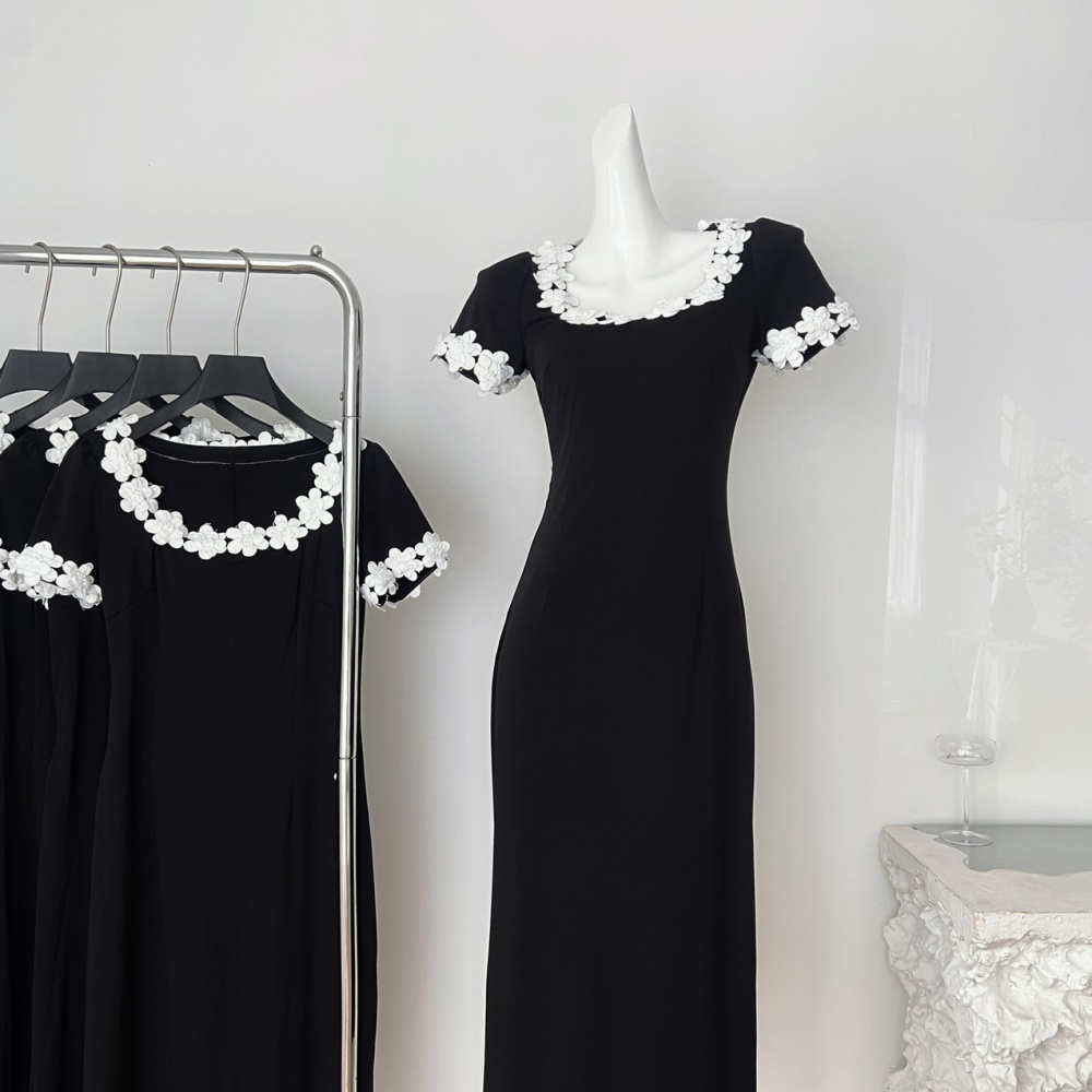 U-neck France style stereoscopic package hip flowers dress