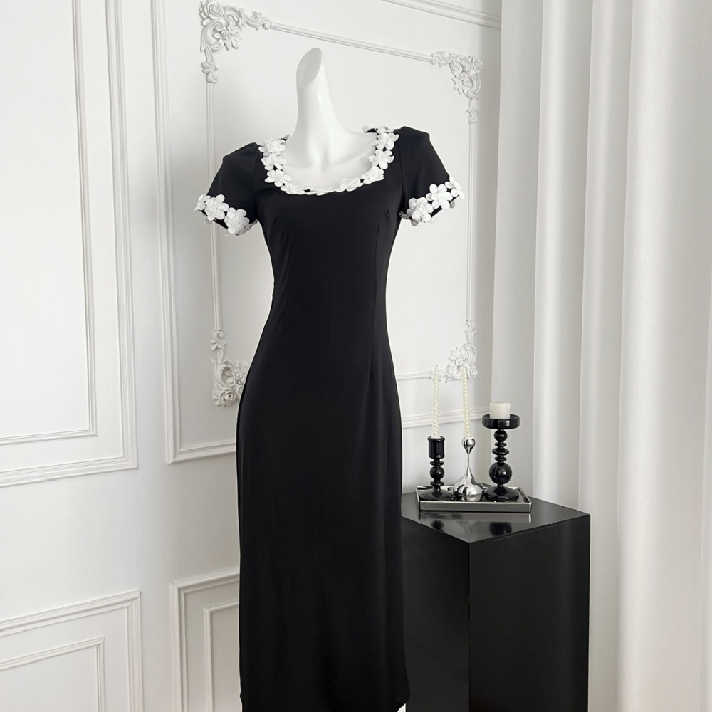 U-neck France style stereoscopic package hip flowers dress