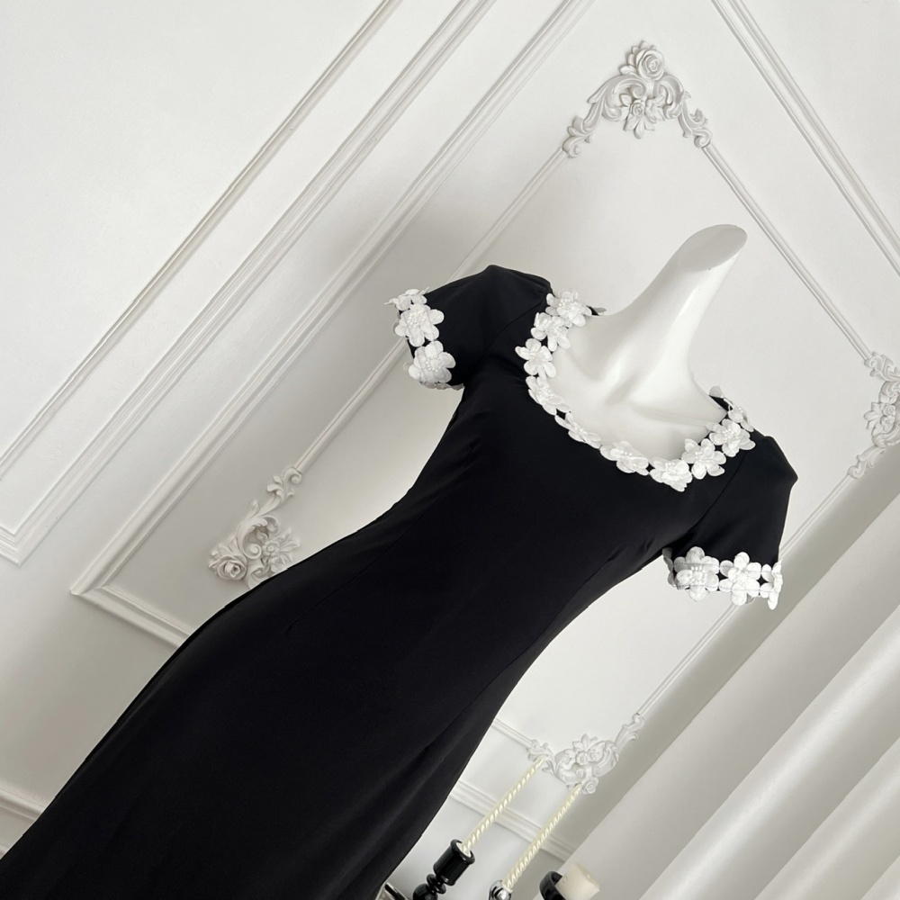 U-neck France style stereoscopic package hip flowers dress