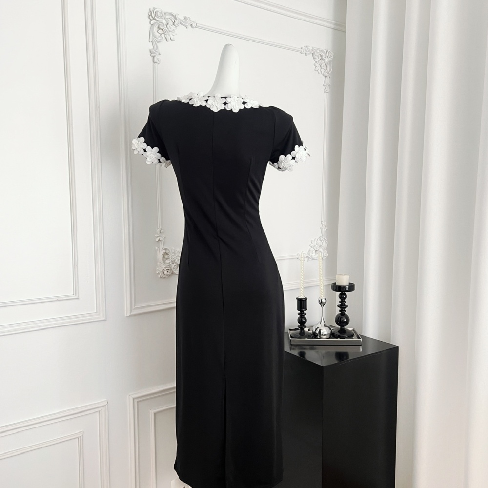 U-neck France style stereoscopic package hip flowers dress