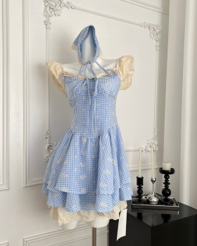 Retro blue Sexy underwear plaid boats sleeve dress