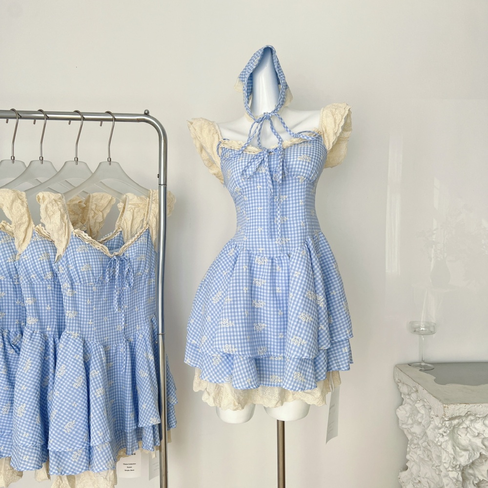 Retro blue Sexy underwear plaid boats sleeve dress